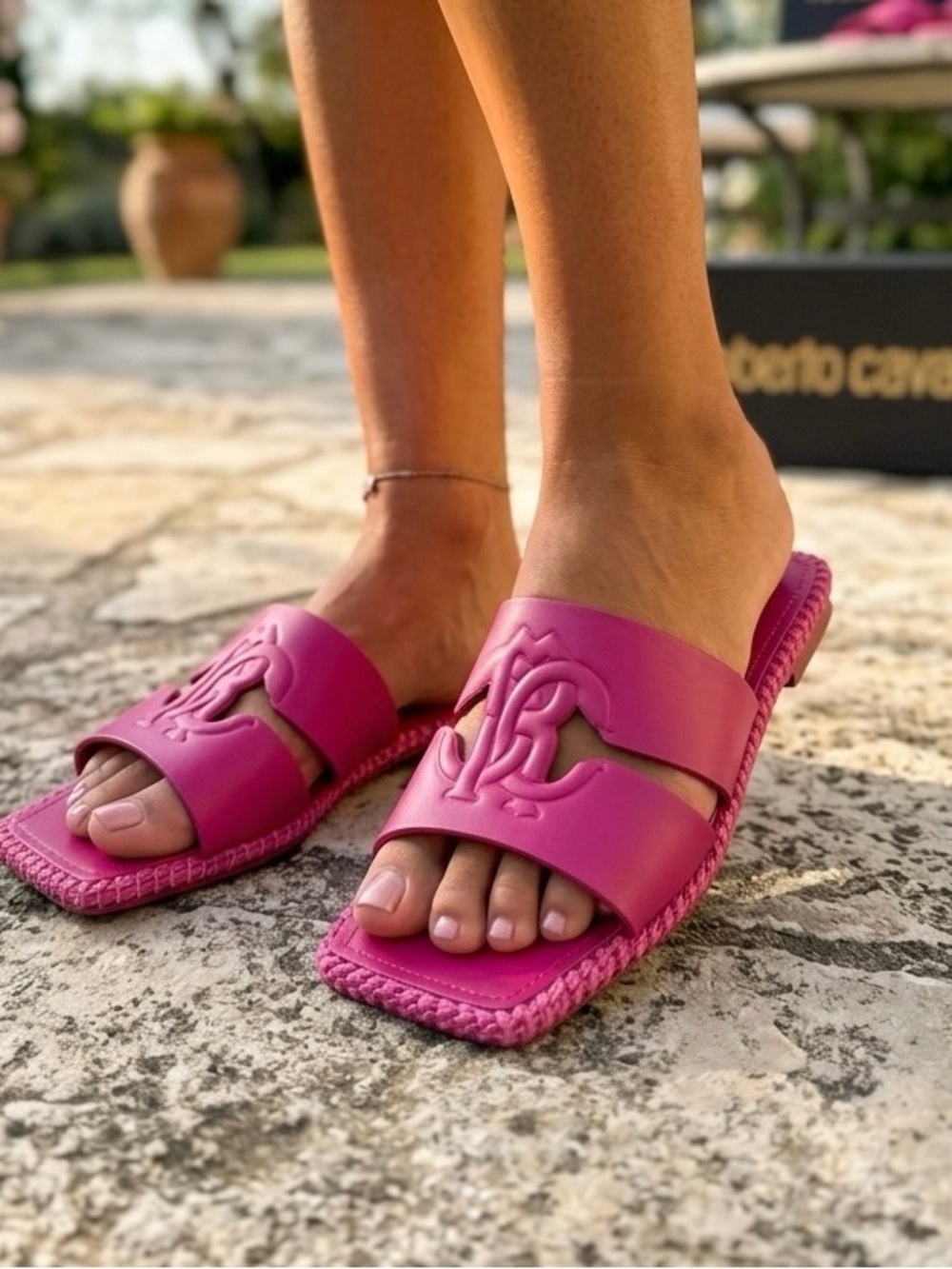 Roberto Cavalli Leather Braided Slides Monogram RC Logo Pink Sandals US 8 EU 38